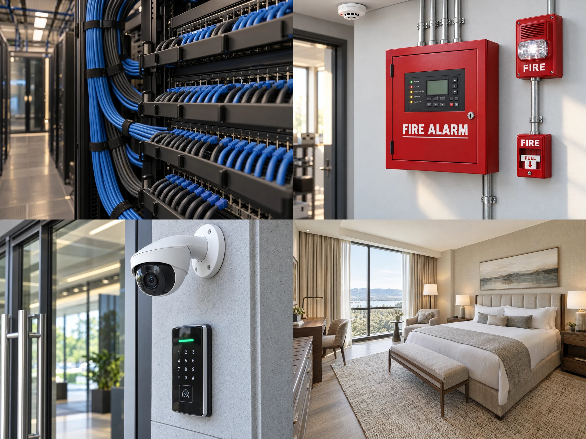 Four-panel collage of Tier Four’s illustrative tab pictures: cabling, fire alarm equipment, CCTV and access control, and a furnished hotel guest room
